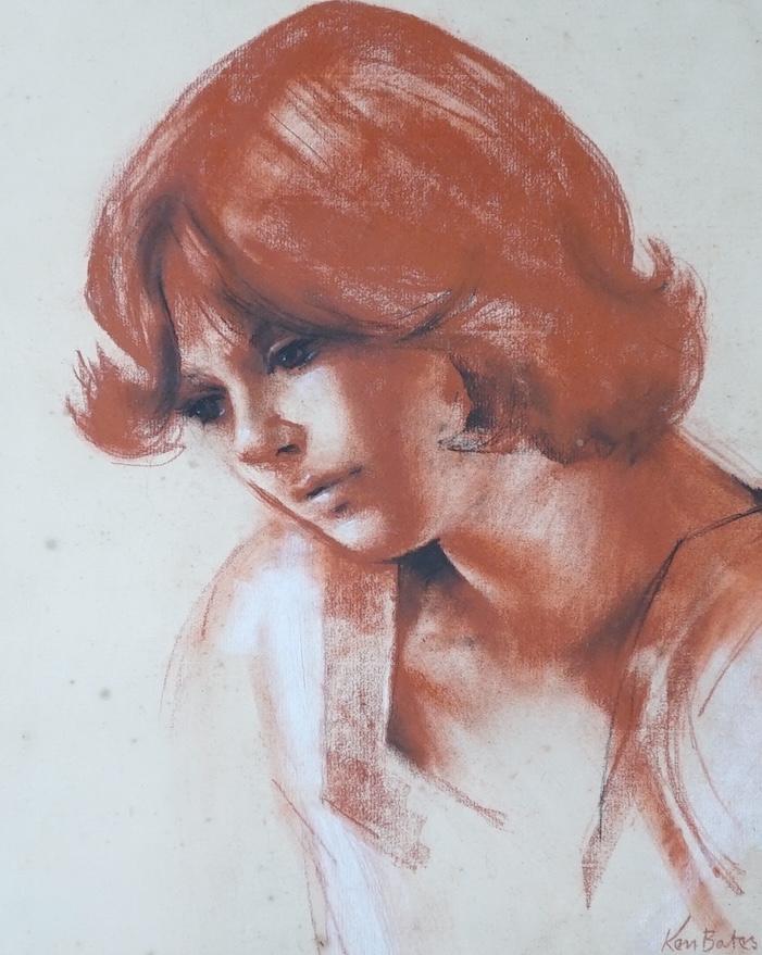 Ken Bates, red chalk, 'Fiona Hughes - Winter', signed, 40 x 33cm. Condition - poor to fair, in need of a clean
